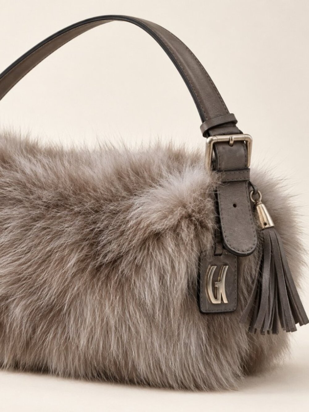 VTG Castellari Milano Italy Genuine Fox Fur Leather Handbag Gray Y2K Luxury